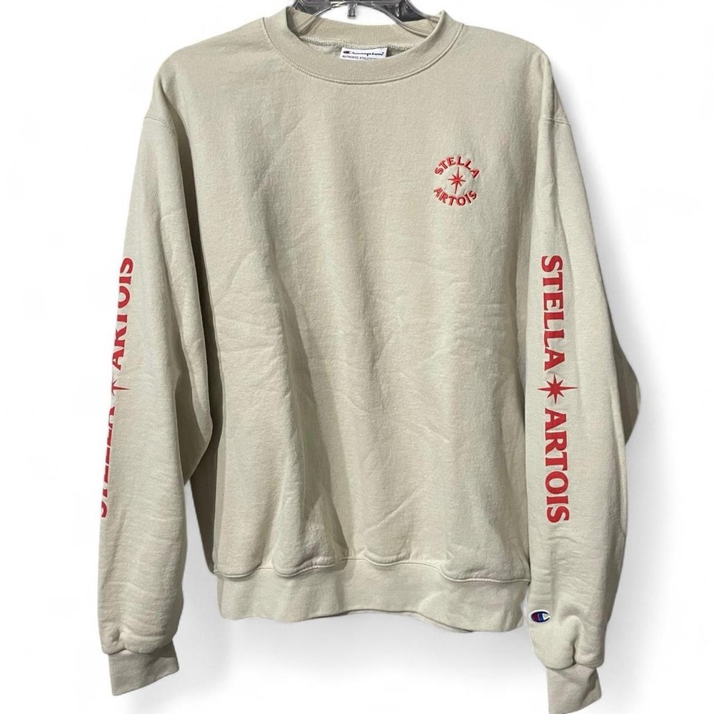 Champion Stella Artois Beige Crewneck Sweater with Red Accents